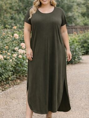 French Atmosphere Olive Green Short Sleeve Maxi Dress with Side Slits Size 1X